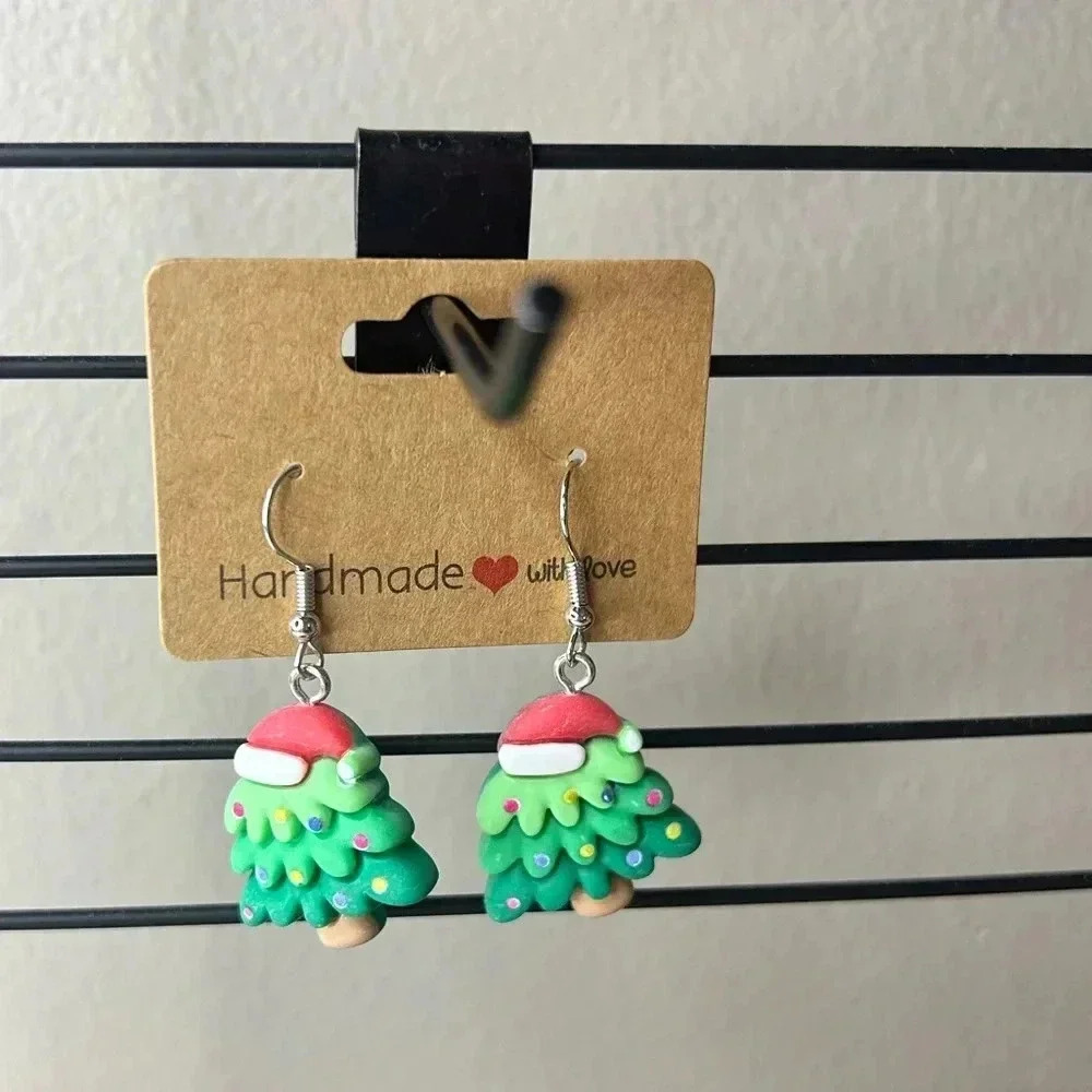 Adorable Clay Christmas Yule Holiday Santa Tree Dangly Earrings NEW